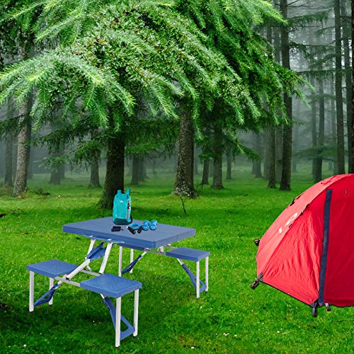 Folding Picnic Table with Umbrella Hole,Aluminum Suitcase Portable Outdoor Table with 4 Seats,for Patio,Porch or Camping Table and Chair Set (Blue)