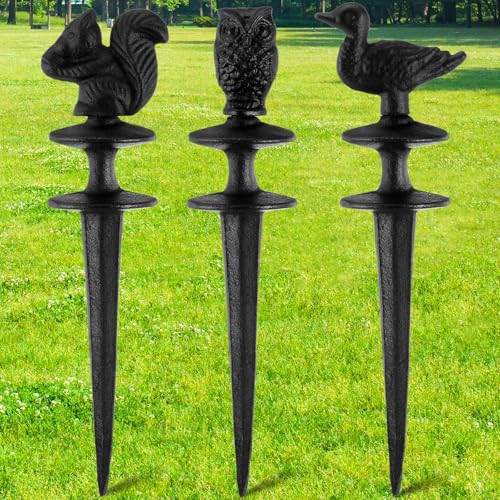 Tandefio 3 Pcs Animals Garden Hose Guide Stakes, Owls Squirrels Ducks Heavy Duty Decorative Antique Black Cast Iron Metal Hose Guides, Plant Protector for Lawn Yard Flower Bed - style: Owls, Squirrels, Ducks