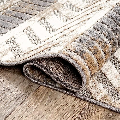 Rugshop Distressed Geometric Indoor/Outdoor Beige Runner Rug Modern Tribal Stripe, Durable Stain Resistant Low Profile Perfect for Patio, Backyard, Deck and Outdoor Lounge 2' x 7' - size: 2' x 7' (Rectangular)