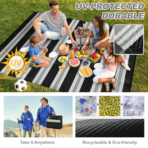 Lahome Striped Outdoor Rug Waterproof, 6x9 Reversible Outdoor Plastic Straw Rug for Camping, RV Patio Rugs Large Carpet for Porch Deck Backyard Balcony Picnic(Black/Grey,6'x 9') - color: Black/Multi, size: 6'x9'