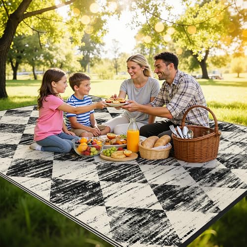 HEBE Checkered Outdoor Rug Waterproof 8x10, Reversible Plastic Straw Rug RV Camping Rug, Indoor Outdoor Patio Mat Clearance, Outside Carpet for Porch, Deck, Camper, Balcony, Backyard, Picnic - color: Beige/Black, size: 8' x 10' (Rectangular)