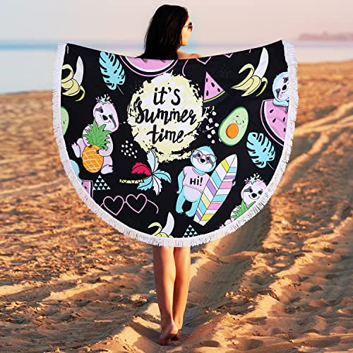 Benefeet Sox Beach Towel Large Round Mandala Pool Towels Tassels Microfiber Quick Dry Beach Blanket Throw Bohemian Roundie Swim Pool Circle Towel, 59 Inches - color: Cute Sloth, Tropial Fruits, Hawaiian Palm Tree