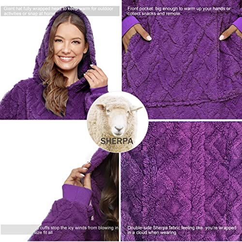 Oversized Sherpa Wearable Blanket Hoodie for Women Men,Long Comfortable Sherpa Blanket Sweatshirt Shaggy Pullover Plush Warm Cozy Blanket One Size Fits All Purple - color: Jacquard Purple