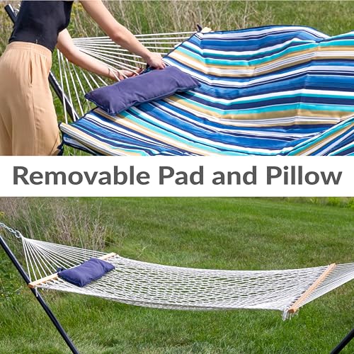Sunnydaze Rope Hammock with Stand for Outside - Heavy Duty Freestanding Portable Outdoor Hammock Set with Quilted Pad, Pillow, and 12-Foot Steel Frame - 275 lb Capacity - Lakeview - color: Lakeview