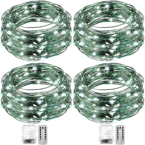 Remagr Fairy String Lights Battery Operated Green Wire LED Waterproof String Lights with Remote 8 Modes for Winter Tree Patio Garden Backyard Home Indoor Outdoor(33ft,Cold White,4 Pack) - color: Cold White, size: 33ft