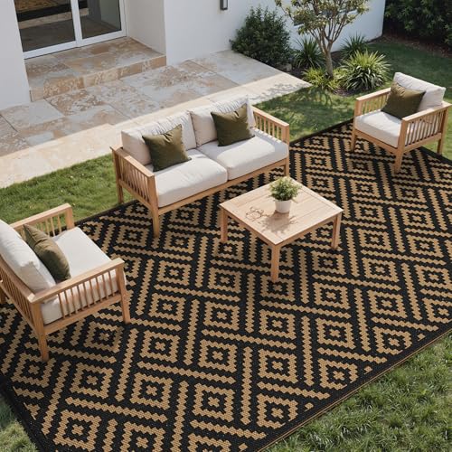 sarben Outdoor Rug for Patio - Waterproof Plastic Straw Camping Rugs 8x16 ft, Reversible Outdoor Indoor RV Mat Carpet for Patio, Porch, Deck, Balcony, Picnic, Beach, Black Brown - color: Black&brown, size: 8' x 16' (Rectangular)