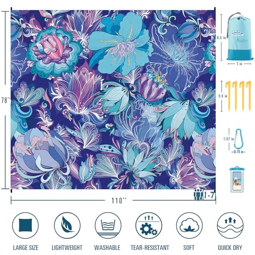 Famstar Beach Blanket Sandproof Waterproof 78''×110'' 1-7Adults Oversized,Compact Lightweight Durable Beach Mat for Travel Camping Hiking Picnic Blanket - color: Flower, size: 78''×110''