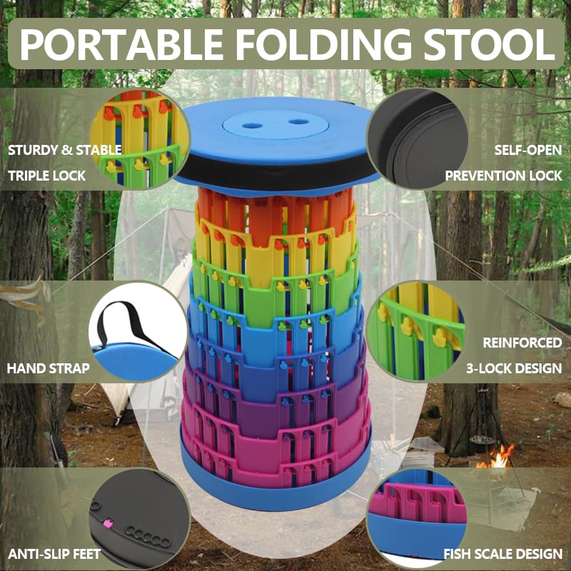 JAEMEYEM Collapsible Stool Upgraded, Folding Telescoping Foldable Camping Stool, Sturdy, Portable Telescopic Compact Folding Chair, Retractable Seat or Foot Rest for Travel, Parties, Queue - color: Blue Rainbow, size: 1 pack