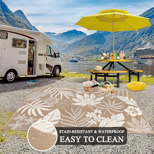 Pauwer Waterproof Outdoor Rug 6x9, Reversible Plastic Straw Patio Camping Rug, Indoor Outdoor RV Mat Carpet for Deck, Camper, Porch, Balcony, Backyard, Picnic, Floral Brown - color: Floral Brown, size: 6' x 9' (Rectangular)