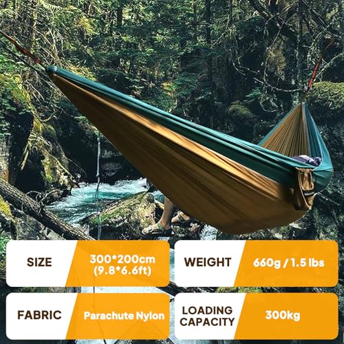 NATUREFUN Ultra-Light Travel Camping Hammock | 300kg Load Capacity,Breathable,Quick-Drying | 2 x Premium Carabiners,2 x Nylon Slings Included | Outdoor Indoor Garden - color: Camel/Olive Green, size: 300x200cm
