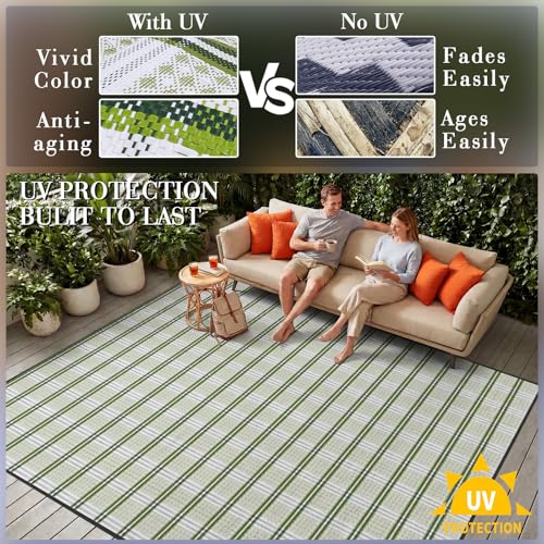 UPGRADE Waterproof Outdoor Rug 8x10 ft, Reversible Plastic Patio Rug, UV Resistant Straw Camping Mat with Carry Bag for RV Beach Deck Backyard, Green & White - color: Green & White, size: 8' x 10'