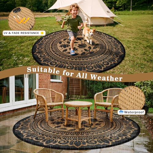 6' Round Outdoor Rug for Patio, Waterproof Fade Resistant Plastic Straw Mat, Reversible Modern Floral Design Portable Easy Cleaning Outdoor Carpet for RV Camping Deck Backyard, Black & Brown - color: Black Flower, size: 6' (Round)