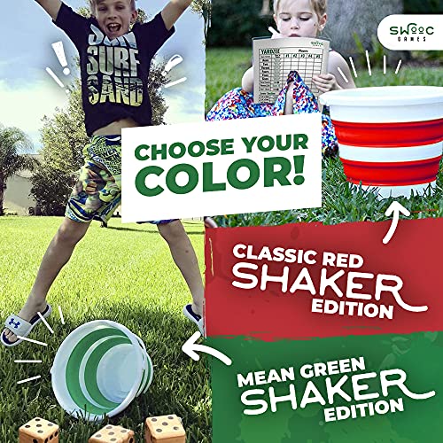 SWOOC Games - Yardzee, Farkle & 20+ Games - Classic Red Shaker Edition (All Weather) - Yard Dice Game Set with Red Collapsible Bucket, Lid, 5 Big Laminated Score Cards & Marker - Outdoor Yard Game - color: Red, size: 3.5" Dice