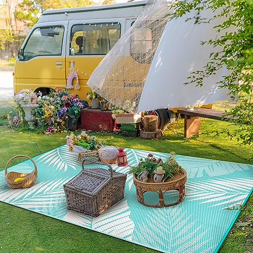 GENIMO Outdoor Rug 5' x 8' Waterproof for Patios Clearance, Reversible Outdoor Plastic Straw Camping Rug Carpet, Large Area Rugs Mats for RV, Picnic, Backyard, Deck, Balcony, Porch, Aqua Blue&White - color: Aqua Blue & White | Waterproof, size: 5' x 8' (R