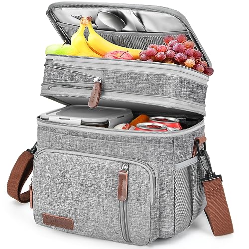 Lunch Box & Lunch Bag for Women Men, Expandable Large Insulated Adult Lunch Bag with Strap, Double Deck Leakproof Lunchbox Durable Cooler Bags for Work Picnic Beach,16L, Gray - color: Gray