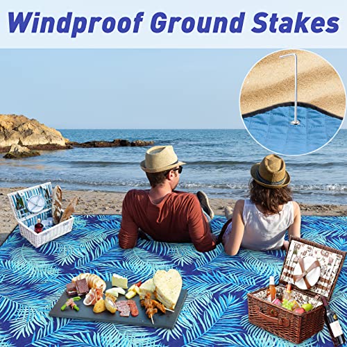 PY SUPER MODE Picnic Blankets Extra Large, Waterproof Foldable Outdoor Beach Blanket Oversized 83x79” Sandproof, 3-Layer Picnic Mat for Camping, Hiking, Travel, Park, Concerts(Blue Leaves) - color: Blue Leaves
