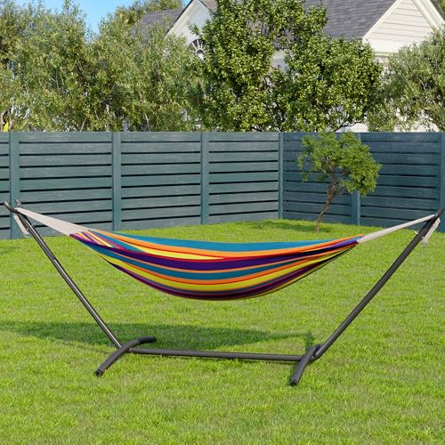 GarveeLife Double 2 Person Hammock, Indoor Outdoor Standing Hammock with Space Saving Steel Stand, Carry Bag, 450 LBS Weight Capacity, Suitable for Garden Camping Beach, Tropical - color: Tropical