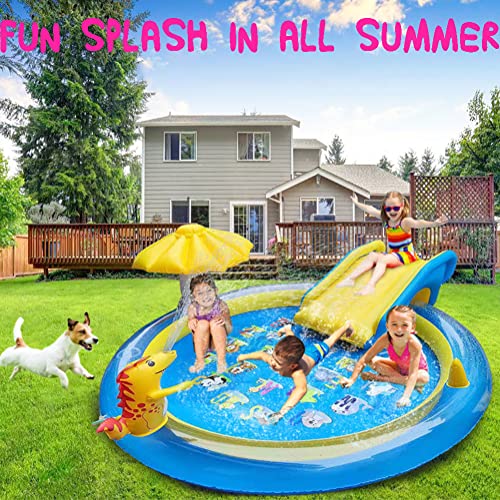Dinosaur Inflatable Play Center, Kids Round Wading Swimming Pool with Slide, Dinosaur Sprinkle, Mushroom Shade for Kids Children Summer Outdoor Splish Splash, Garden Backyard Water Park, 87"x75"x31.5" - size: 87"