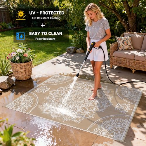 Pauwer Waterproof Outdoor Rug 5x8, Reversible Plastic Straw Patio Camping Rug, Indoor Outdoor RV Mat Carpet for Deck, Camper, Porch, Balcony, Backyard, Picnic, Floral Brown - color: Floral Brown, size: 5' x 8' (Rectangular)