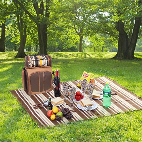 Hap Tim Picnic Basket Backpack for 4 Person with Insulated Leakproof Cooler Compartment, Wine Holder, Fleece Blanket, Cutlery Set, Wedding Gifts for Couples, Engagement Gifts - color: Brown, size: 4 Person