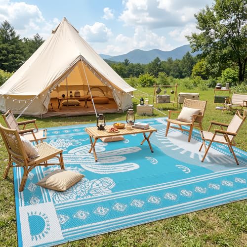 Garvee Reversible Cactus Outdoor Rug 8x10 for Patio, Waterproof Outdoor Area Rug, Modern Desert Botanical Indoor Outdoor Rugs, Plastic Straw Rug for RV, Camping, Deck, Teal Blue - color: Blue--cactus, size: 8' x 10' (Rectangular)