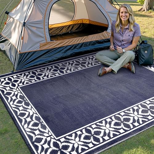 PureCozy Outdoor Plastic Straw Rug Navy Blue Large Outside Waterproof Outdoor Patio 6x9 Carpet Geometric Reversible Mat Modern for Camping RV Porch Deck Balcony Beach - color: Geo | Navy Blue, size: 6' x 9' (Rectangular)