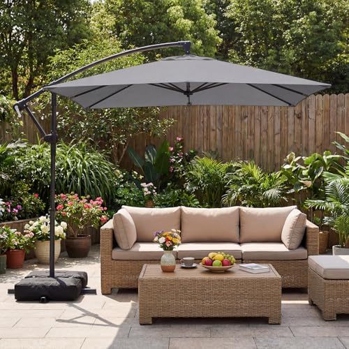 Tangkula 8x8 FT Patio Umbrella with Base Included, Square Offset Cantilever Outdoor Umbrella with 360 Degree Rotation, Crank Handle, Sandbags, 8 Ribs for Pool Deck Garden Backyard - color: Gray, size: 8 FT