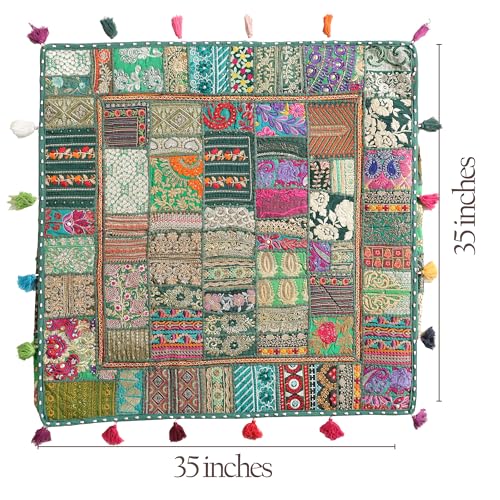 THE ART BOX Cotton Patchwork Vintage Boho Embroidered Floor Pillows & Cushion Cover Dog Pouf Seating Pouf Meditation Pillow Pet Bedding Cat Bed Boho Home Décor (35x35 Inches, Cover Only) - color: Dark Green