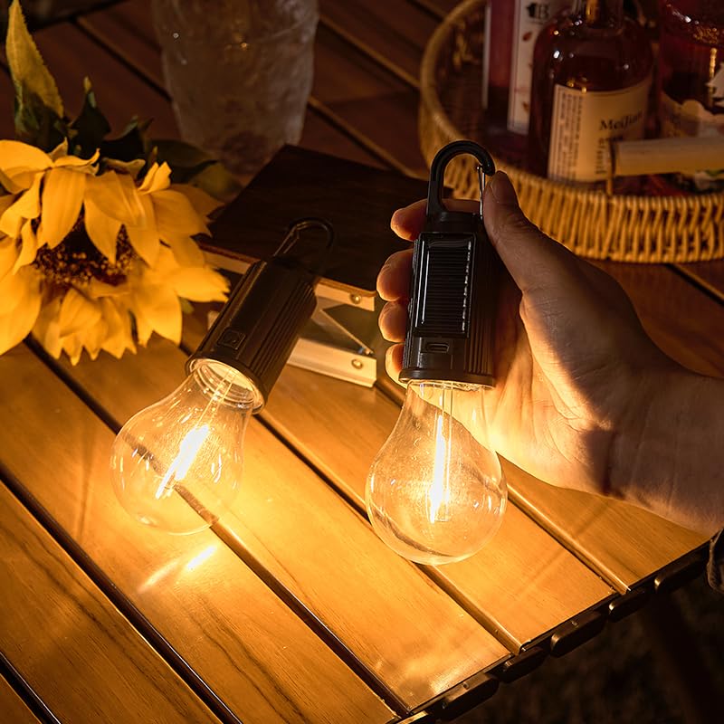 Solar Camping Lights Hanging Hooked Tent Lantern Outdoor USB Rechargeable Bulb Lamp with Clip Hook Keychain 3 Lighting Modes for Christmas Decorations Hiking Backpacking Warm Light 2 Pack