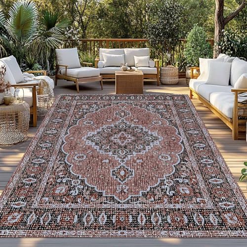 Outdoor Rug 6x9ft, Medieval Boho Abstract Flower Indoor Area Rug for Patio Backyard Deck Large Floor Mat, Vintage Ethnic Geometric Style Non-Slip Outside Carpet Balcony Porch Camping Rugs Picnic Mat - color: Indianred, size: 6' x 9' (Rectangular)