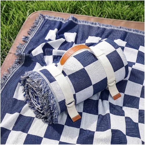 2 in 1 Extra Large Boho Beach Blanket Towel Giant Woven Outdoor Picnic Mat Camping Gear Cruise Essential 2025 Summer Vacation Must Have Airplane Travel Accessories Costa Rica Bahamas Hawaii Trip Stuff - color: Checkered Blue