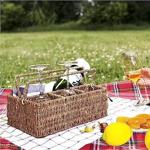 PEMAR Large L-Sized Hand Woven Utensil Caddy Carrier, Natural Jute Wicker Condiment Holder for Table, Kitchen Set Counter Top Silverware Organizer, Rustic Storage for Forks, Spoons, Seagrass