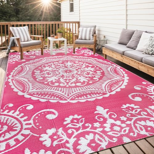Capslpad Outdoor Rug 8x10 Patio Waterproof Boho Floral Plastic Straw Rug Large Foldable Vintage Outside Carpet with Carry Bag for RV Backyard Balcony Bench Picnic Porch, Pink - color: Pink, size: 8' x 10' (Rectangular)