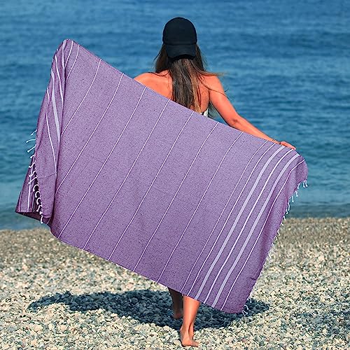 HILLFAIR Cotton Turkish Beach Towels, Quick Dry Lightweight Sand Free Peshtemal Towel for Bath Swim Yoga Spa Travel, Beach Accessories, Oversized Cotton Turkish Towels (39 x 72 inch- 4 Pack Purple) - color: Purple, size: 39 x 72 inch ( Beach towel - 4 PAC