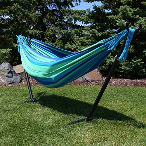 Sunnydaze Double Brazilian Hammock with Stand and Carrying Case - 400-Pound Capacity - Black Stand - Beach Oasis - color: Beach Oasis