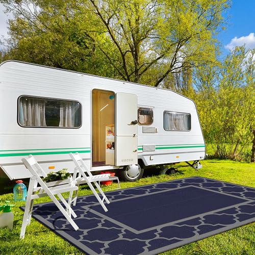 GENIMO 10 ' x 14 ' Outdoor Rug Waterproof for Patio Decor, Foldable Reversible Plastic Straw Area Rugs Mat for Camper, Outside Carpet for Rv, Deck, Porch, Picnic, Beach, Balcony, Blue & Grey - color: Blue & Grey, size: 10' x 14' (Rectangular)