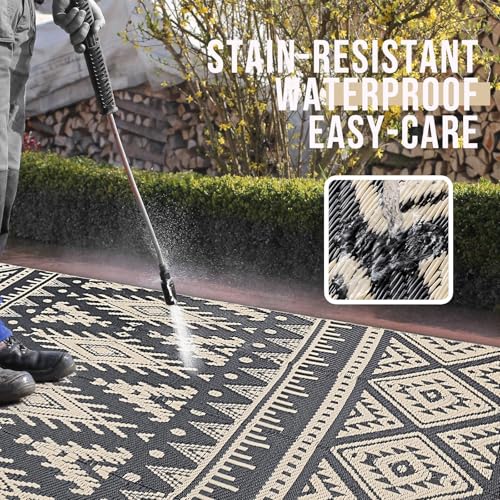 OLANLY Outdoor Rug Waterproof 10x14 ft, Reversible Outdoor Plastic Straw Rug, Boho Patio Rug, Indoor Outdoor Carpet, RV Mat Outside for Patio, Camp, Picnic, Balcony, Deck, Backyard, Black & Beige - color: Black & Beige, size: 10' X 14' (Rectangular)