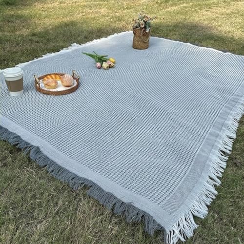 White Picnic Blanket, Extra Large Soft Cotton Gauze Picnic Rug 71"x71", Lightweight Breathable Blanket with Leather Handle, Machine Washable for Beach, Camping, Park, Couples (Gray) - color: Grey