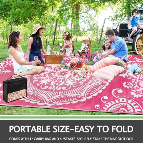 Capslpad Outdoor Rug 8x10 Patio Waterproof Boho Floral Plastic Straw Rug Large Foldable Vintage Outside Carpet with Carry Bag for RV Backyard Balcony Bench Picnic Porch, Pink - color: Pink, size: 8' x 10' (Rectangular)