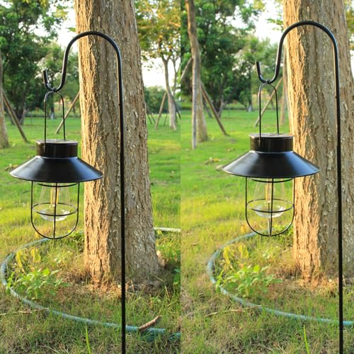 Solar Lantern 2pack Outdoor Hanging Light- Waterproof Vintage Metal Light with Shepherd Hook Decorative for Patio, Backyard, Porch, Yard (Black) - color: Black