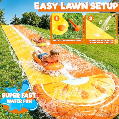 iGeeKid Pineapple Lawn Water Slides with 2 Bodyboards for Kids Adults, Heavy Duty Water Toys Sprinkler 2 Race Lane Backyard Outdoor Summer Beach Swimming Pool Water Game Party, 20 x 5.6 ft - style: 20Ft Pineapple Double Lane