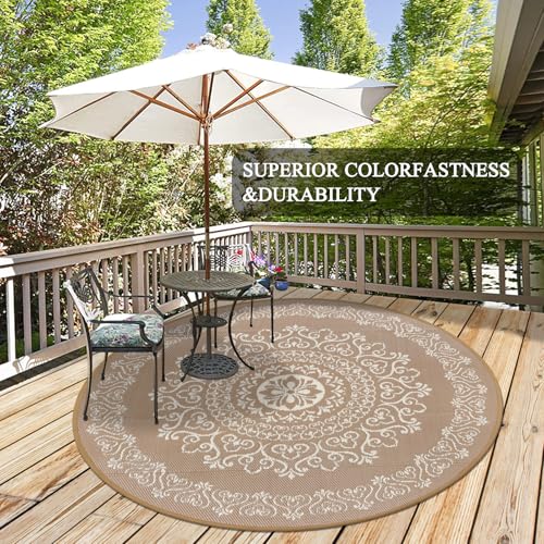 Pauwer Waterproof Outdoor Rug 6ft, Reversible Plastic Straw Patio Camping Rug, Indoor Outdoor RV Mat Carpet for Deck, Camper, Porch, Balcony, Backyard, Picnic, Floral Brown - color: Floral Brown, size: 6' (Round)