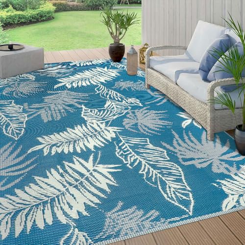 famibay Outdoor Rug Waterproof 5x8 Plastic Straw Rug Reversible Patio Rug Outside Camping Rug Patio Mat Lightweight Foldable Outdoor Carpet for Patio Balcony Deck Camping - color: Blue, size: 5' x 8'