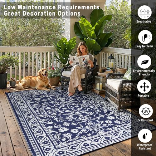 PureCozy Outdoor Waterproof 5x8 Plastic Straw Patio Rug Navy Blue Reversible for Outside Vintage Oriental Carpet Lightweight Large Rug for RV Deck Beach Balcony Picnic Backyard Entry Porch - color: Navy Blue, size: 5' x 8' (Rectangular)