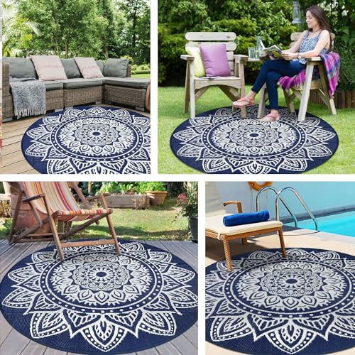 famibay 5 Ft Round Outdoor Rug, Boho Round Patio Rug Waterproof, Outdoor Plastic Straw Rug Camping Rug RV Rugs for Outside Lightweight Portable Reversible Outdoor Carpet for Patio Backyard Porch - color: Dark Blue, size: Round 5ft