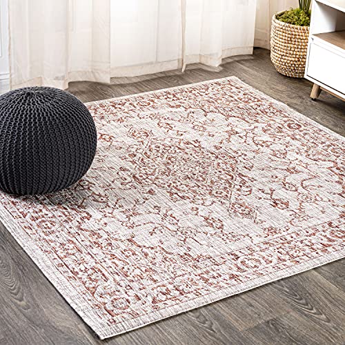 JONATHAN Y Boho Medallion Indoor Outdoor Square Area Rug 5X5 Red/Taupe, Rozetta Textured Weave for Backyard, Patio, Porch, Easy-Cleaning, High Traffic, Pet-Friendly, Non-Shedding (SMB102A-5SQ) - color: Red/Taupe, size: 5'3" x 5'3" (Square)