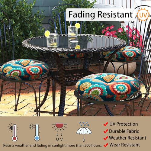 Magpie Fabrics Outdoor Round Bistro Seat Cushions with Ties, 15"x15"x4" Set of 2, Tufted Waterproof Barstool Chair Pads for Patio Home Garden Office, Floral Green - color: A Floral Green