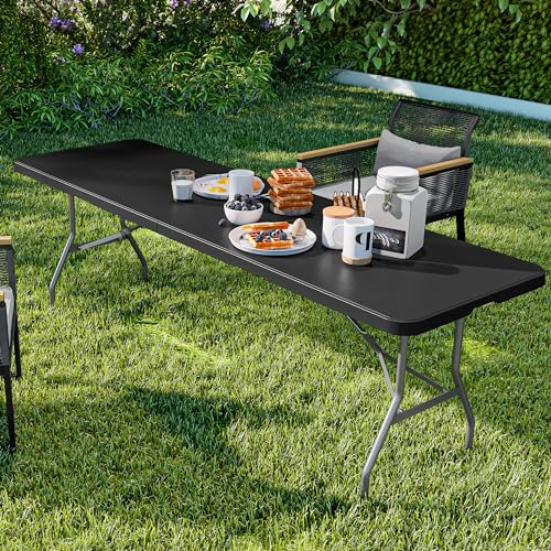 YITAHOME 8FT Folding Tables, Heavy Duty Folding Table with Carrying Handle, Plastic Fold up Table for Outdoor Camping Picnic Parties/Indoor Events, Black - color: Black