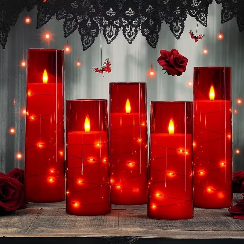 Enido 10 Pc Flameless LED Candles with Remote & Timer, Battery Operated Acrylic Pillar Set, Flickering Electric Lights with Embedded Star String for Cozy Home & Holiday Romantic Decor (Matte Red) - color: Red