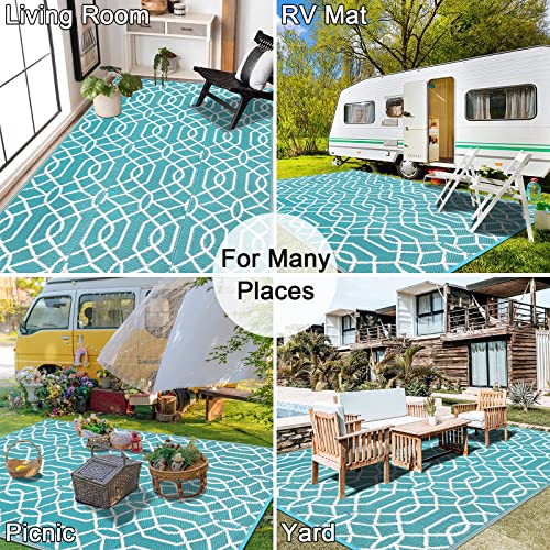 HEBE Outdoor Rug Waterproof 6x9, Reversible Plastic Straw Rug RV Camping Rug, Indoor Outdoor Patio Mat Clearance, Outside Carpet for Porch,Deck,Camper,Balcony,Backyard,Picnic - color: Line/Teal, size: 6' x 9' (Rectangular)